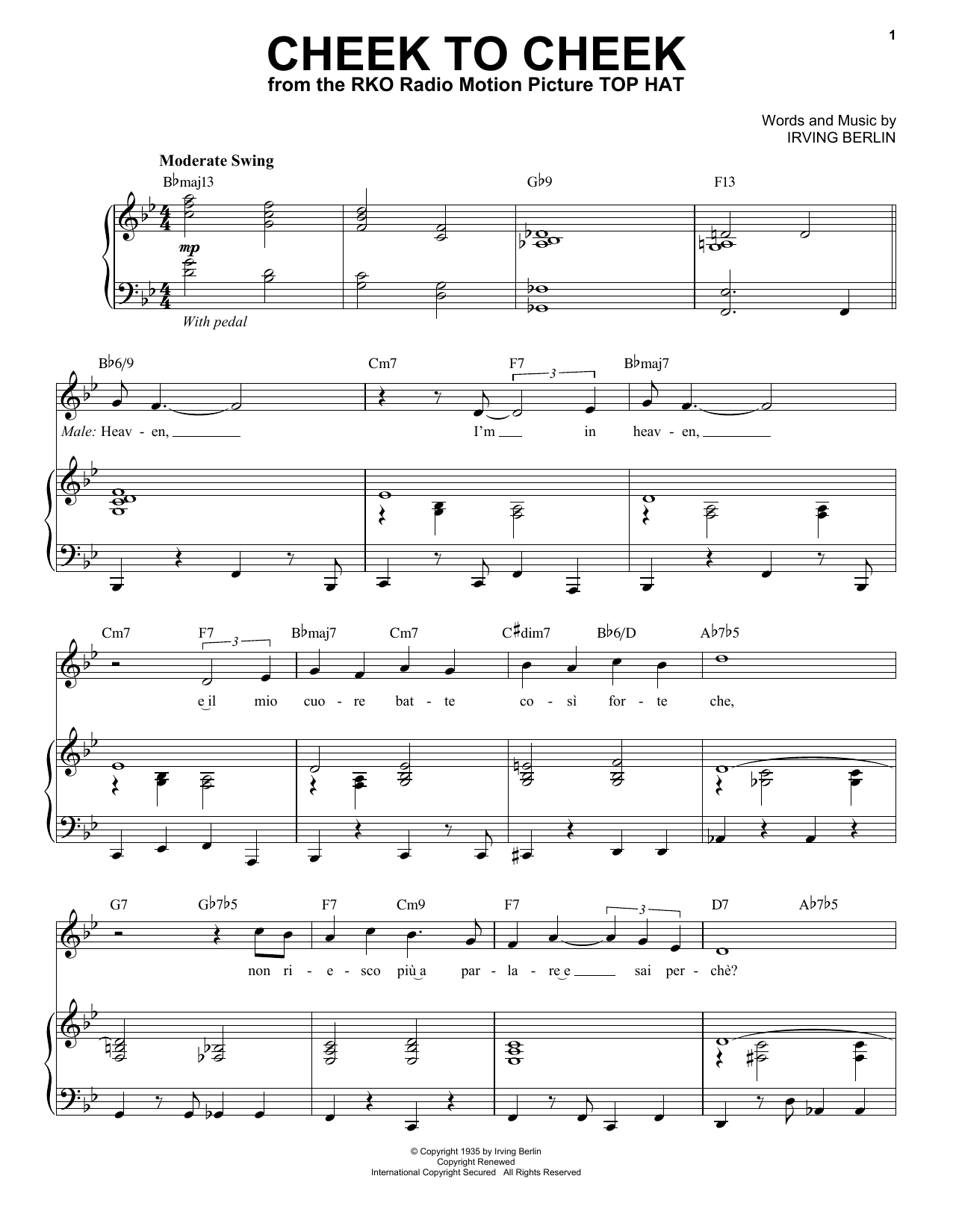 Learn to play Andrea Bocelli Cheek To Cheek sheet music for Piano & Vocal in minutes. Price: 7.8900$ Andrea Bocelli Cheek To Cheek sheet music notes and chords arranged for Piano & Vocal