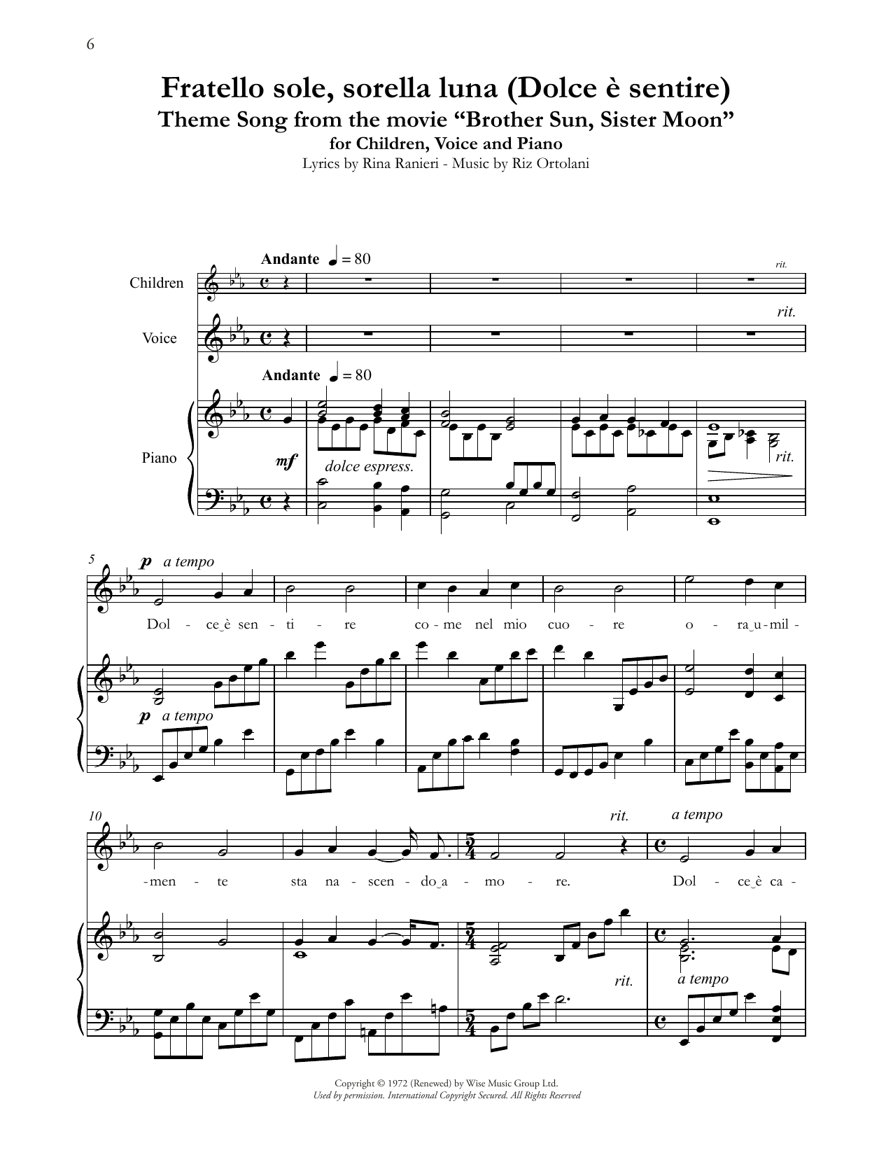 Andrea Bocelli Fratello Sole, Sorella Luna (Dolce è sentire) (Theme from Brother Sun, Sister Moon) sheet music notes and chords. Download Printable PDF.