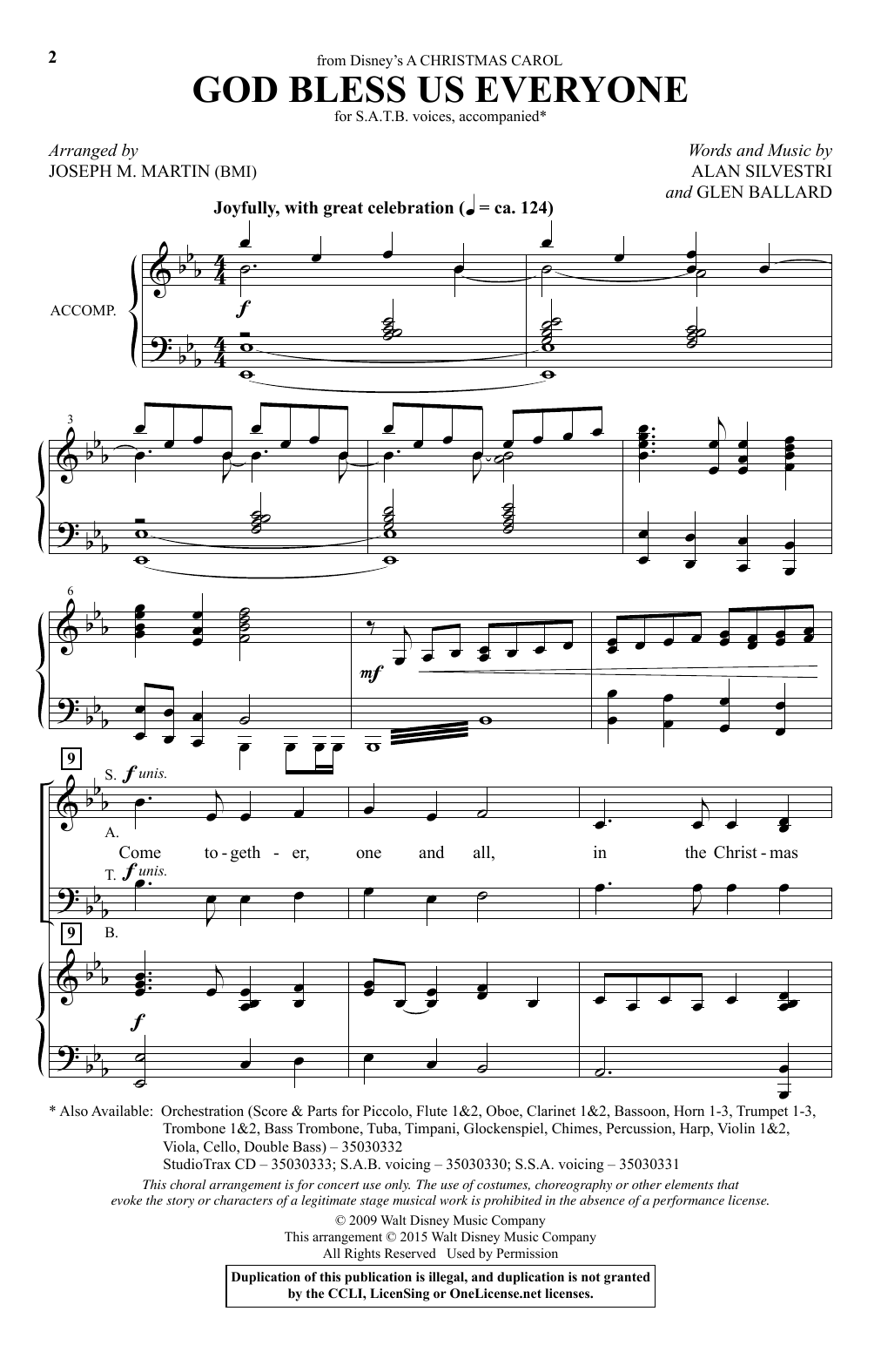 Andrea Bocelli God Bless Us Everyone (from Disney's A Christmas Carol) (arr. Joseph M. Martin) sheet music notes and chords. Download Printable PDF.