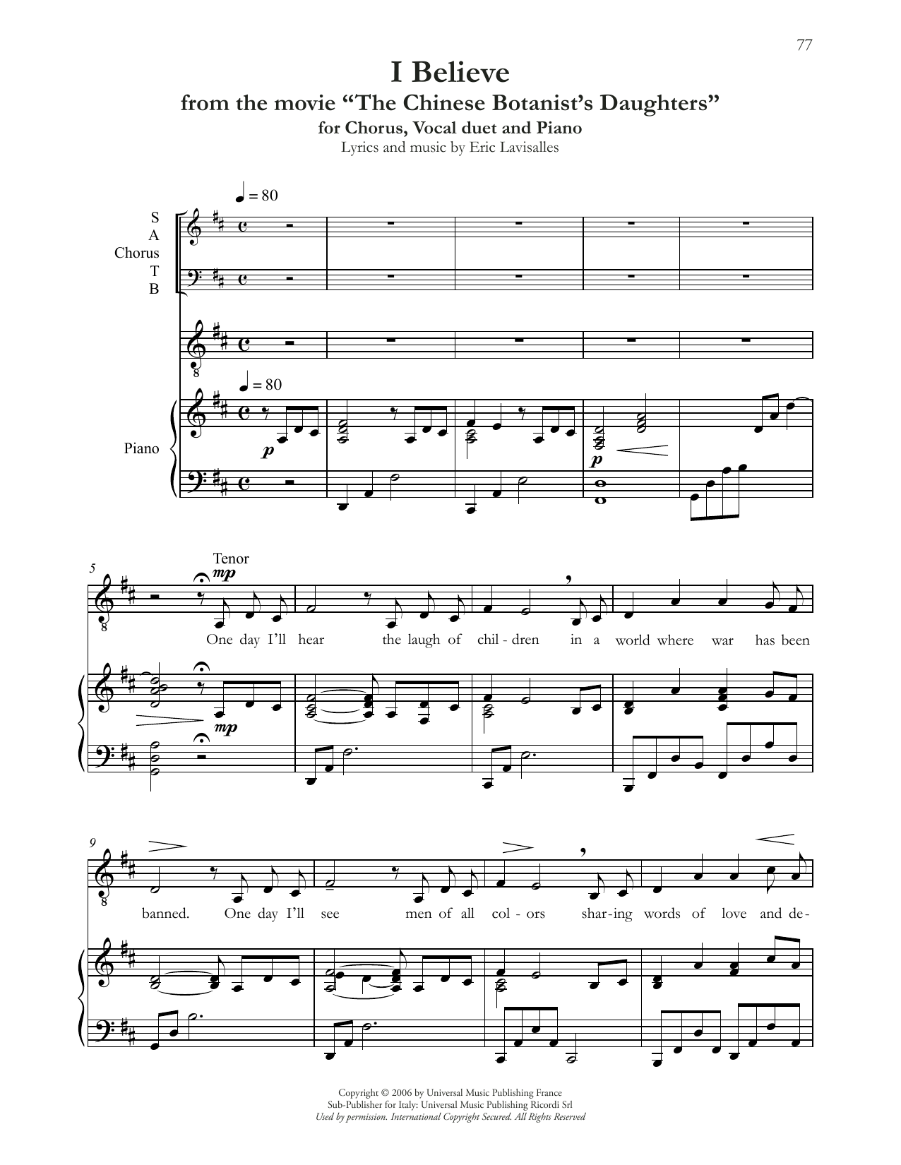 Andrea Bocelli I Believe (from The Chinese Botanist's Daughters) sheet music notes and chords. Download Printable PDF.