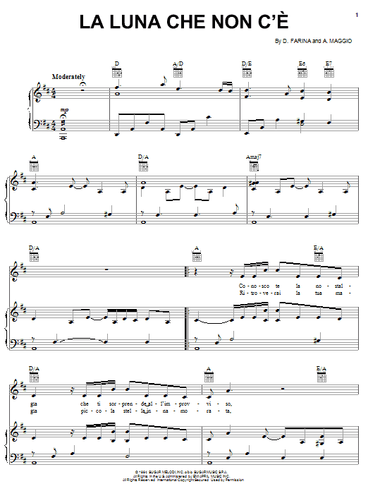 Learn to play Andrea Bocelli La Luna Che Non C'e sheet music for Piano, Vocal & Guitar Chords (Right-Hand Melody) in minutes. Price: 7.8900$ Andrea Bocelli La Luna Che Non C'e sheet music notes and chords arranged for Piano, Vocal & Guitar Chords (Right-Hand Melody)