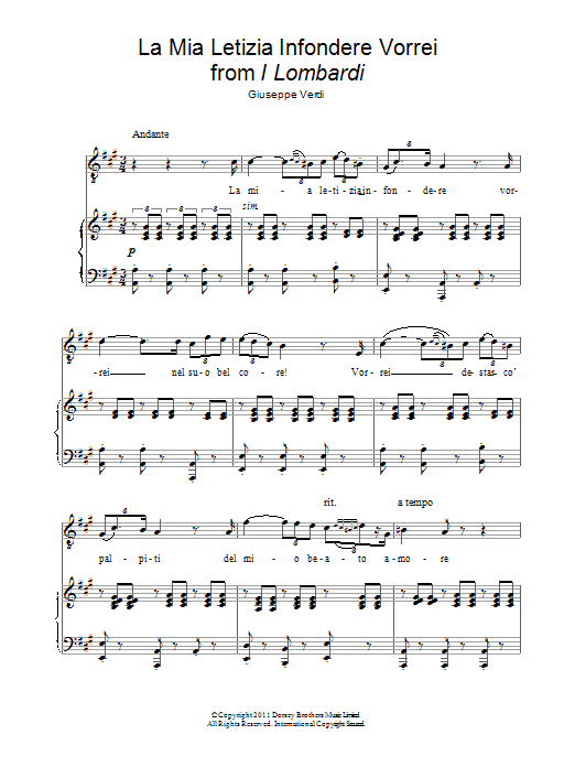 Andrea Bocelli La Mia Letizia Infondere Vorrei (from I Lombardi) sheet music notes and chords arranged for Piano & Vocal