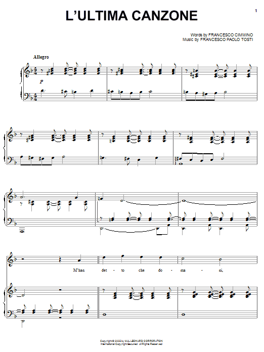 Learn to play Andrea Bocelli L'ultima canzone sheet music for Piano, Vocal & Guitar Chords (Right-Hand Melody) in minutes. Price: 7.8900$ Andrea Bocelli L'ultima canzone sheet music notes and chords arranged for Piano, Vocal & Guitar Chords (Right-Hand Melody)