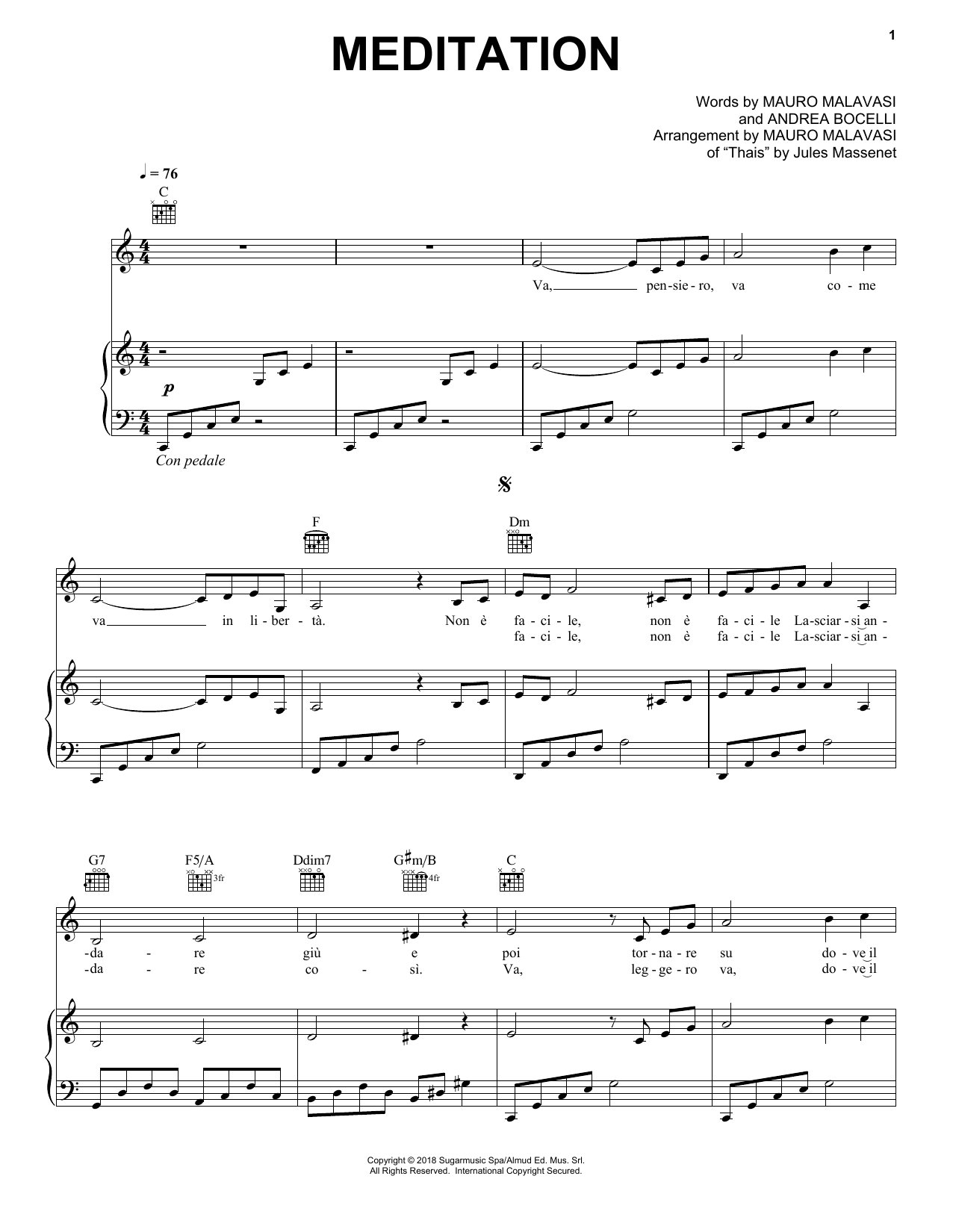 Learn to play Andrea Bocelli Meditation sheet music for Piano, Vocal & Guitar Chords (Right-Hand Melody) in minutes. Price: 7.8900$ Andrea Bocelli Meditation sheet music notes and chords arranged for Piano, Vocal & Guitar Chords (Right-Hand Melody)
