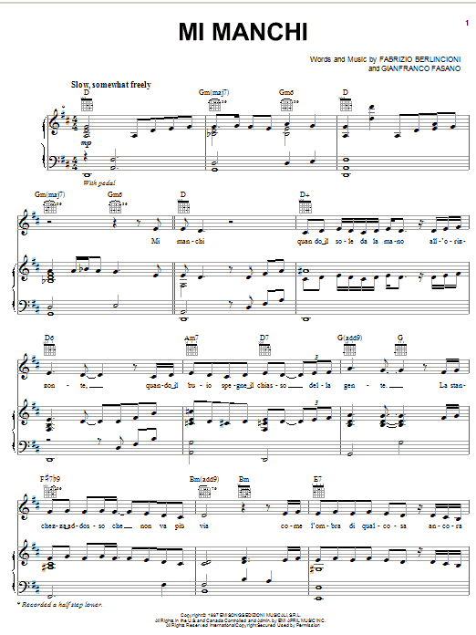 Learn to play Andrea Bocelli Mi Manchi sheet music for Piano, Vocal & Guitar Chords (Right-Hand Melody) in minutes. Price: 7.8900$ Andrea Bocelli Mi Manchi sheet music notes and chords arranged for Piano, Vocal & Guitar Chords (Right-Hand Melody)