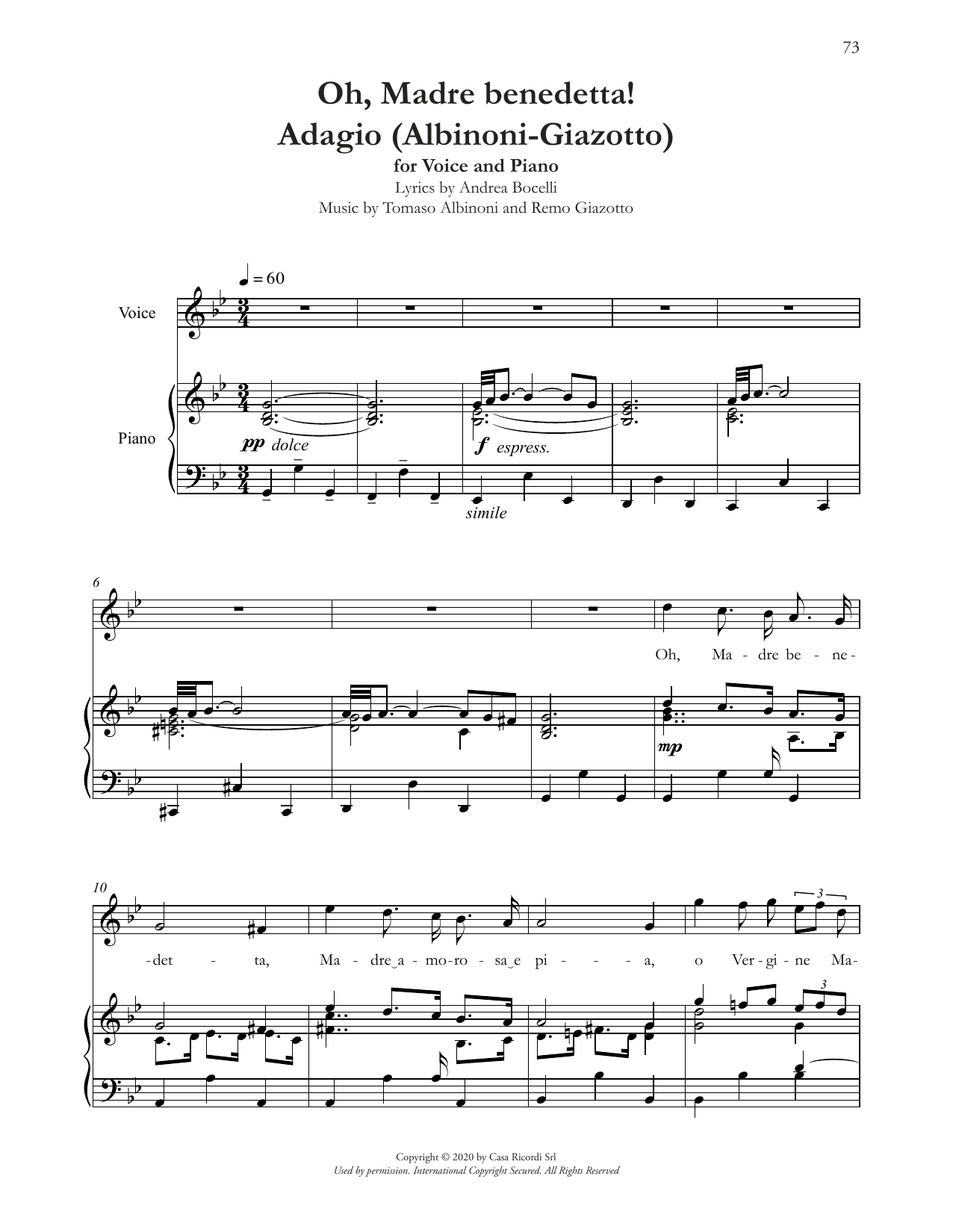 Andrea Bocelli Oh, Madre Benedetta! (Adagio Di Albinoni) sheet music notes and chords. Download Printable PDF.