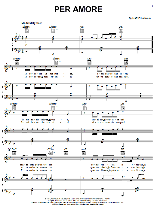 Learn to play Andrea Bocelli Per Amore sheet music for Piano, Vocal & Guitar Chords (Right-Hand Melody) in minutes. Price: 7.8900$ Andrea Bocelli Per Amore sheet music notes and chords arranged for Piano, Vocal & Guitar Chords (Right-Hand Melody)