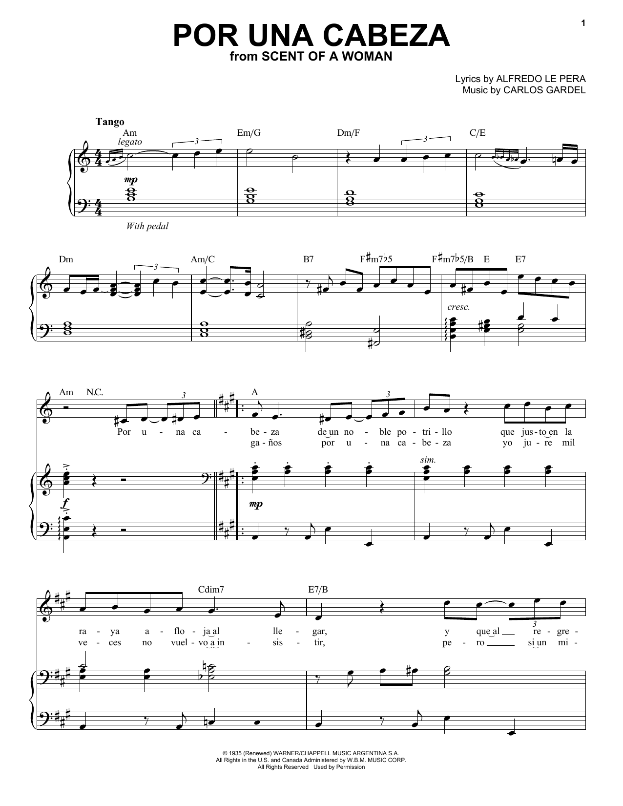 Andrea Bocelli Por Una Cabeza sheet music notes and chords. Download Printable PDF.