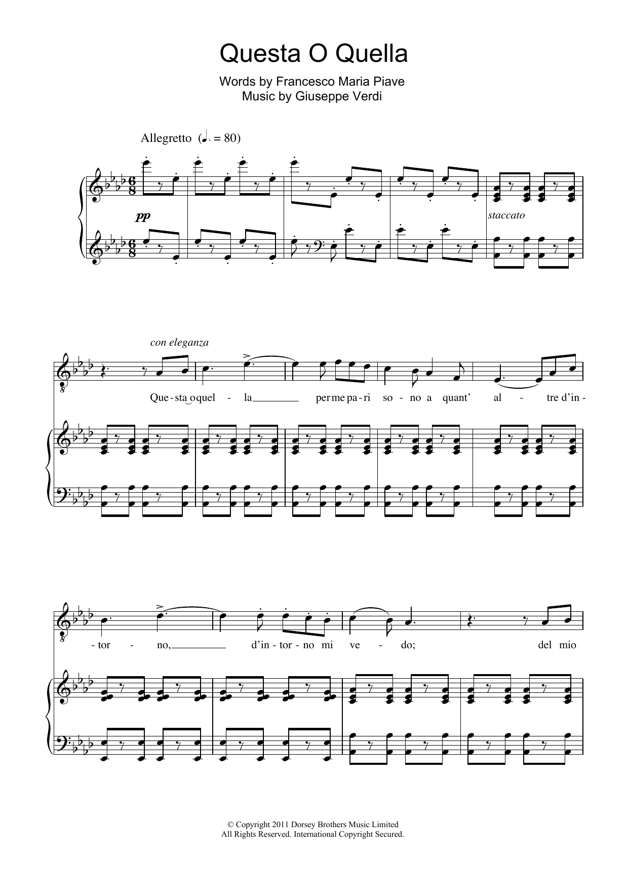 Learn to play Andrea Bocelli Questa O Quella (from Rigoletto) sheet music for Piano & Vocal in minutes. Price: 7.8900$ Andrea Bocelli Questa O Quella (from Rigoletto) sheet music notes and chords arranged for Piano & Vocal