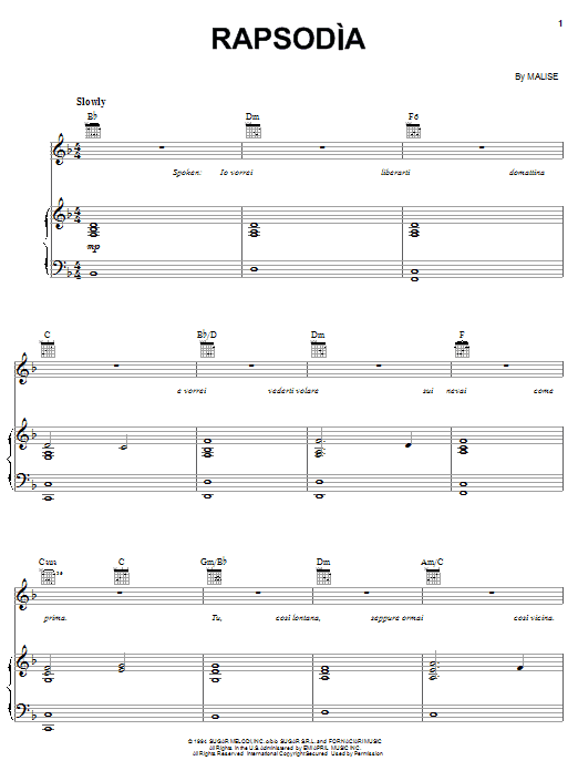 Learn to play Andrea Bocelli Rapsodia sheet music for Piano, Vocal & Guitar Chords (Right-Hand Melody) in minutes. Price: 7.8900$ Andrea Bocelli Rapsodia sheet music notes and chords arranged for Piano, Vocal & Guitar Chords (Right-Hand Melody)