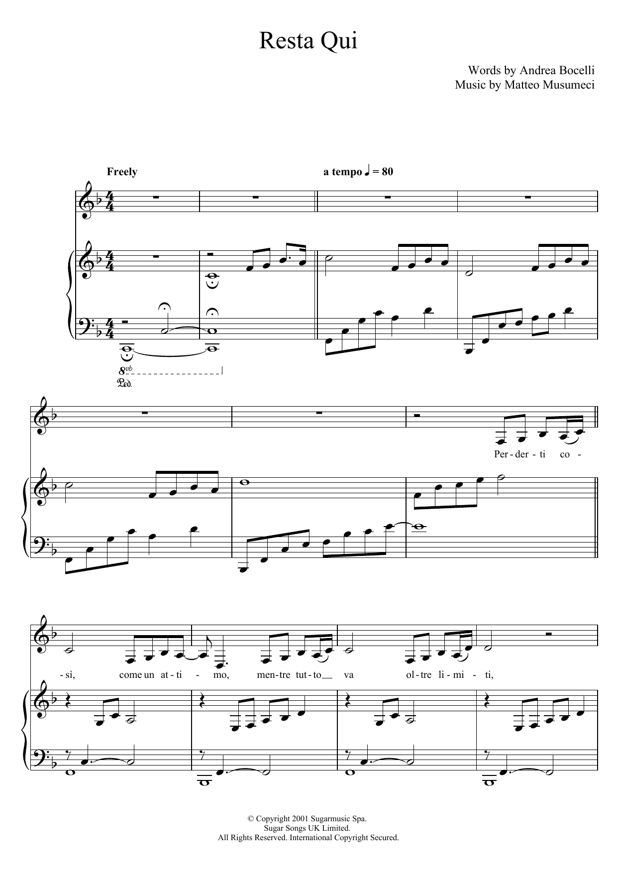 Learn to play Andrea Bocelli Resta Qui sheet music for Piano, Vocal & Guitar Chords in minutes. Price: 7.8900$ Andrea Bocelli Resta Qui sheet music notes and chords arranged for Piano, Vocal & Guitar Chords