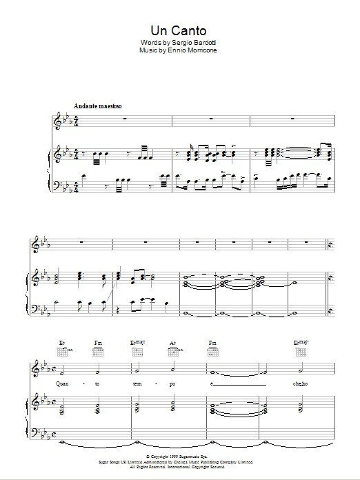 Andrea Bocelli Un Canto sheet music notes and chords arranged for Piano, Vocal & Guitar Chords