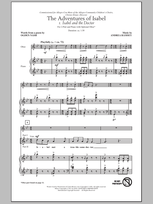 Learn to play Andrea Ramsey Isabel And The Bear sheet music for 2-Part Choir in minutes. Price: 3.9900$ Andrea Ramsey Isabel And The Bear sheet music notes and chords arranged for 2-Part Choir