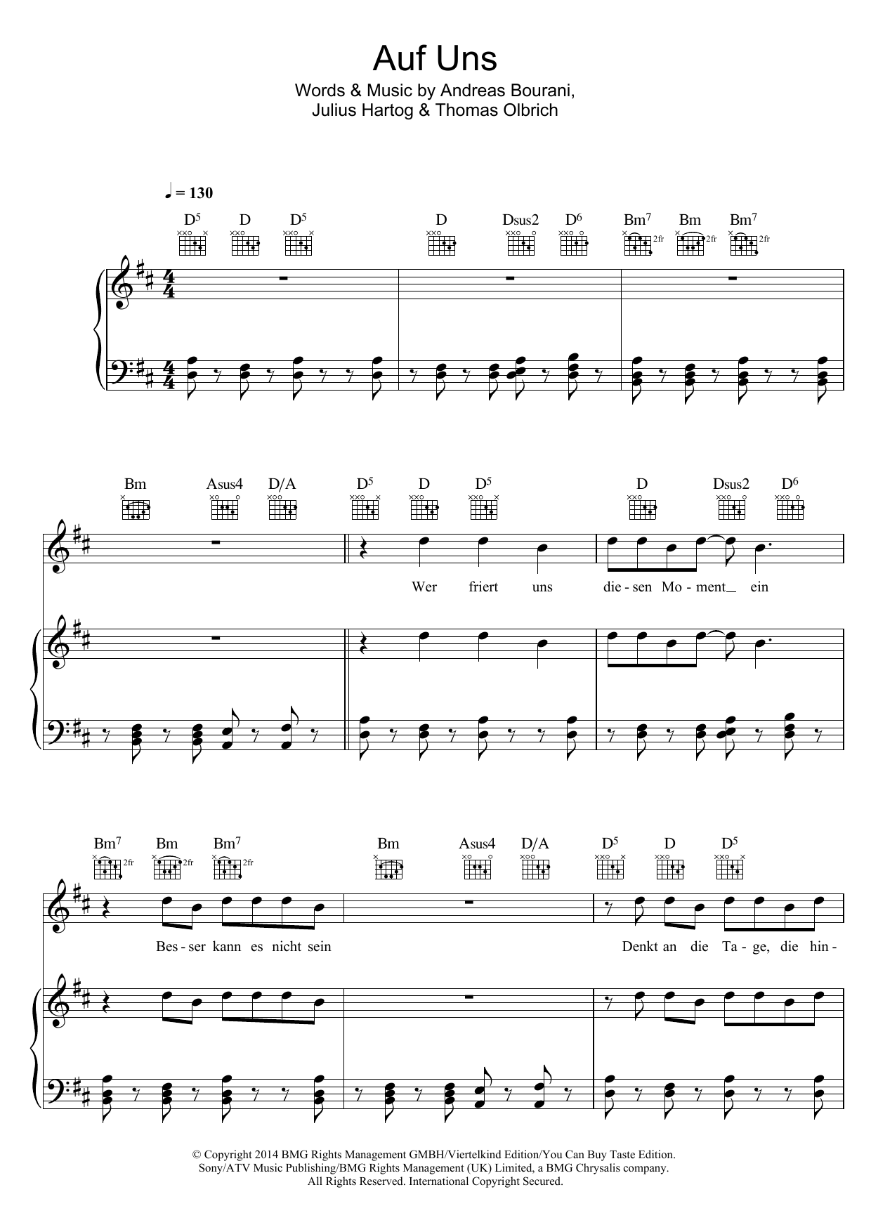 Andreas Bourani Auf Uns sheet music notes and chords. Download Printable PDF.