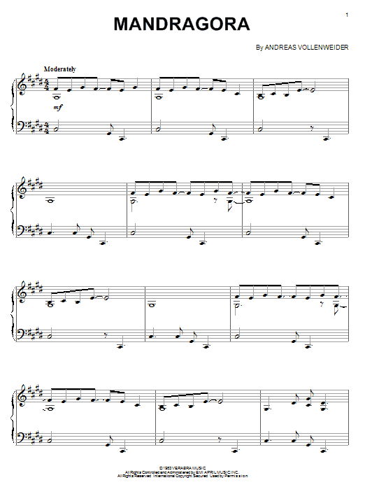 Andreas Vollenweider Mandragora sheet music notes and chords arranged for Piano Solo