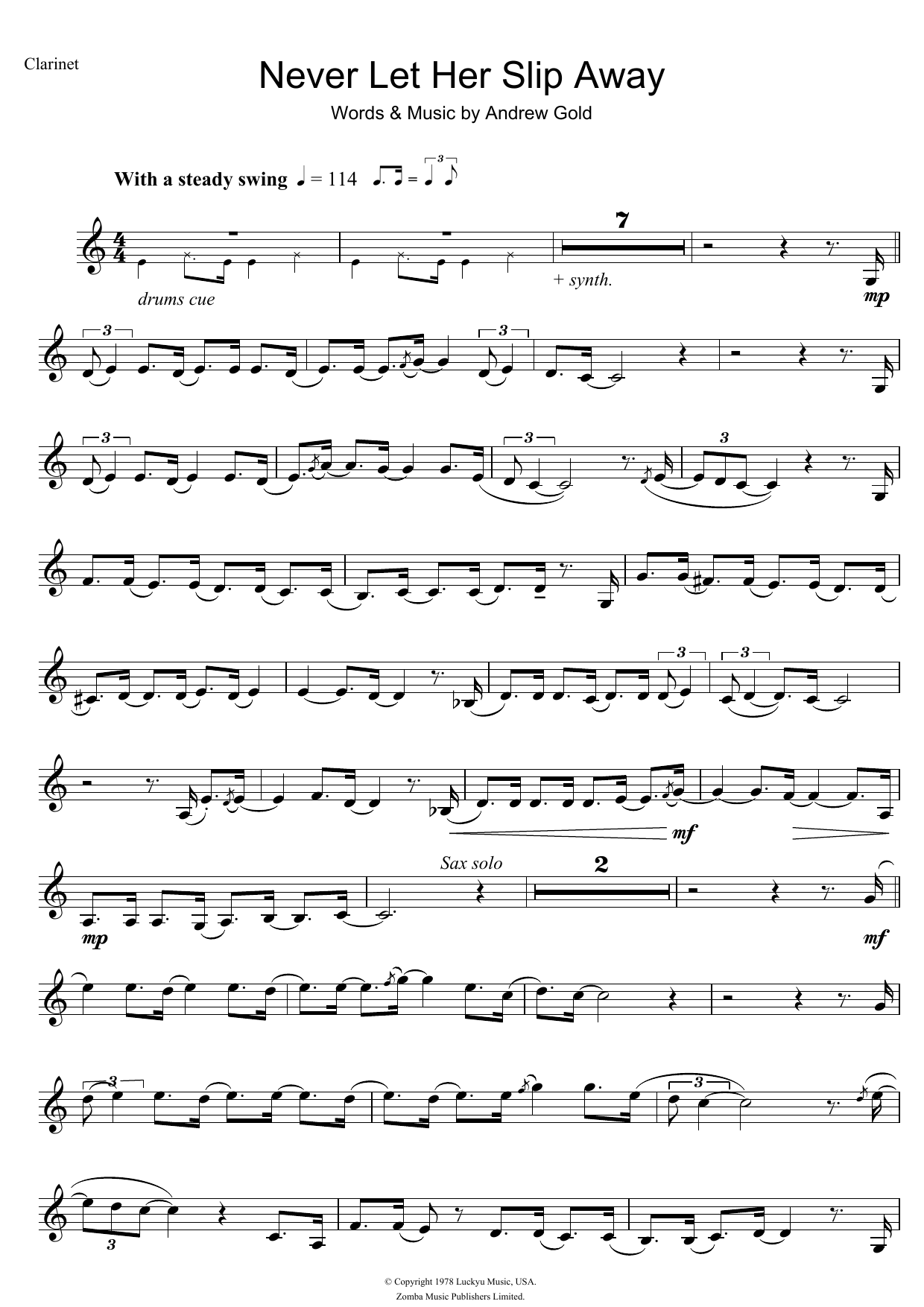 Andrew Gold Never Let Her Slip Away sheet music notes and chords arranged for Trumpet Solo