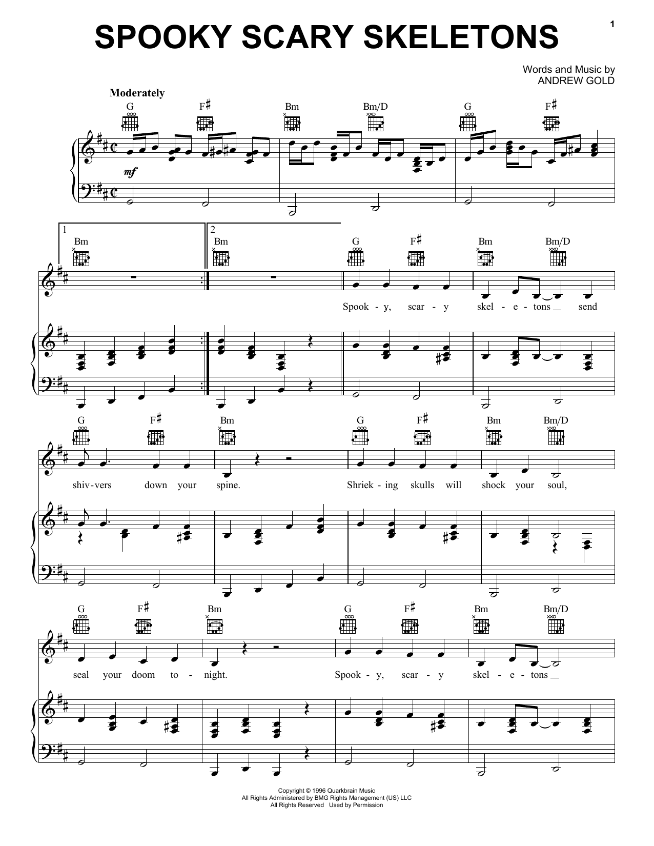 Andrew Gold Spooky Scary Skeletons sheet music notes and chords. Download Printable PDF.