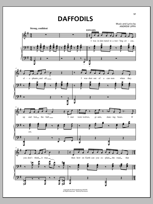 Learn to play Andrew Lippa Daffodils sheet music for Piano, Vocal & Guitar Chords (Right-Hand Melody) in minutes. Price: 7.8900$ Andrew Lippa Daffodils sheet music notes and chords arranged for Piano, Vocal & Guitar Chords (Right-Hand Melody)
