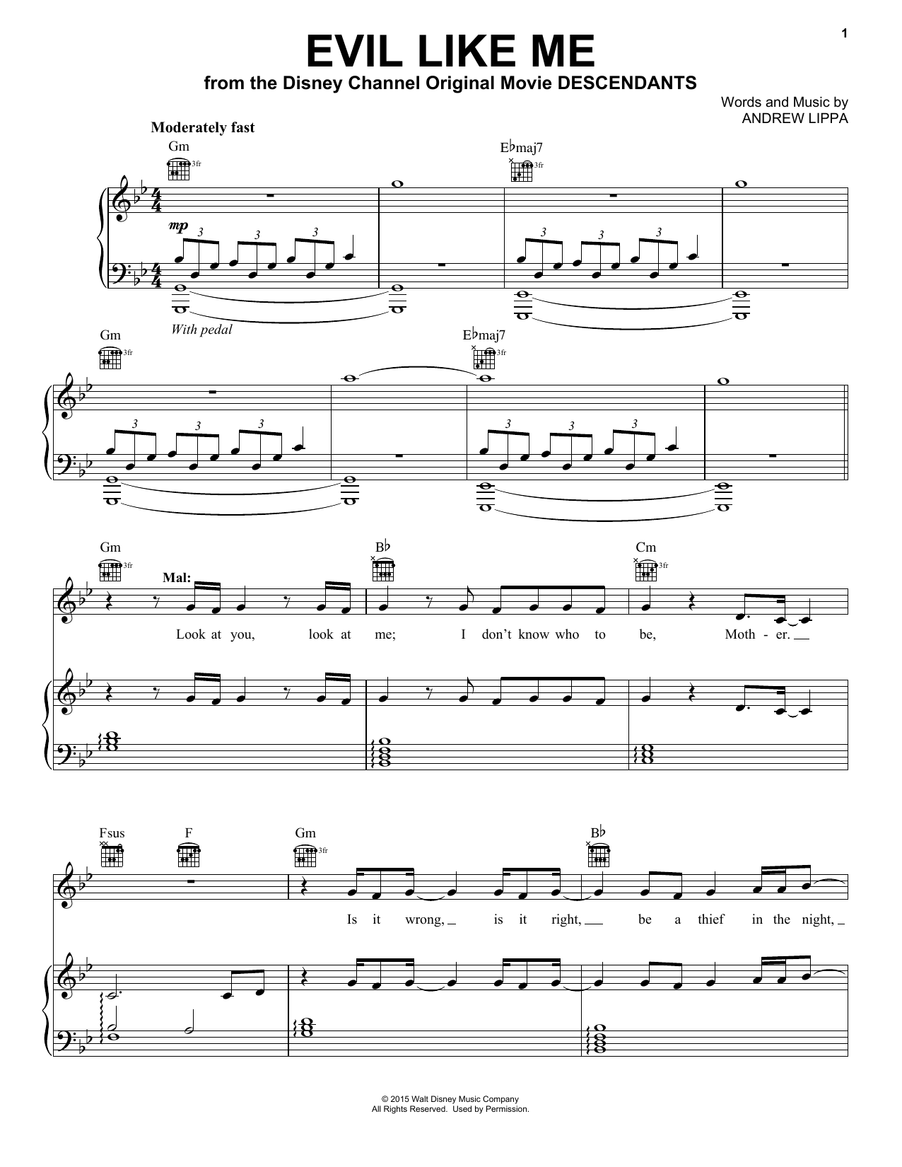 Andrew Lippa Evil Like Me (from Disney's Descendants) sheet music notes and chords. Download Printable PDF.