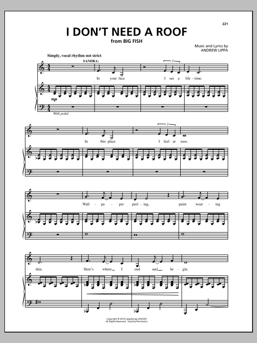 Andrew Lippa I Don't Need A Roof sheet music notes and chords. Download Printable PDF.