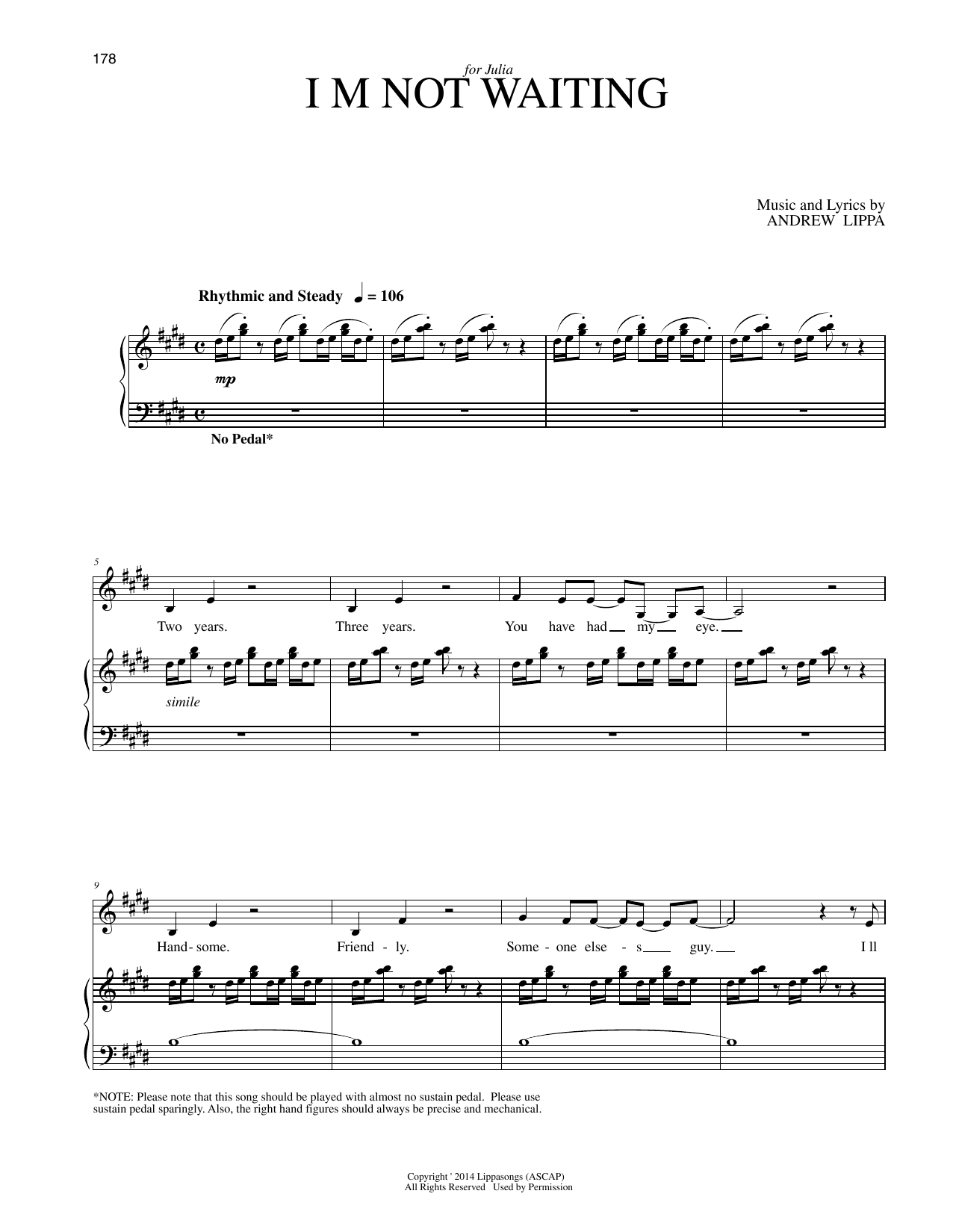 Learn to play Andrew Lippa I'm Not Waiting sheet music for Piano & Vocal in minutes. Price: 7.8900$ Andrew Lippa I'm Not Waiting sheet music notes and chords arranged for Piano & Vocal