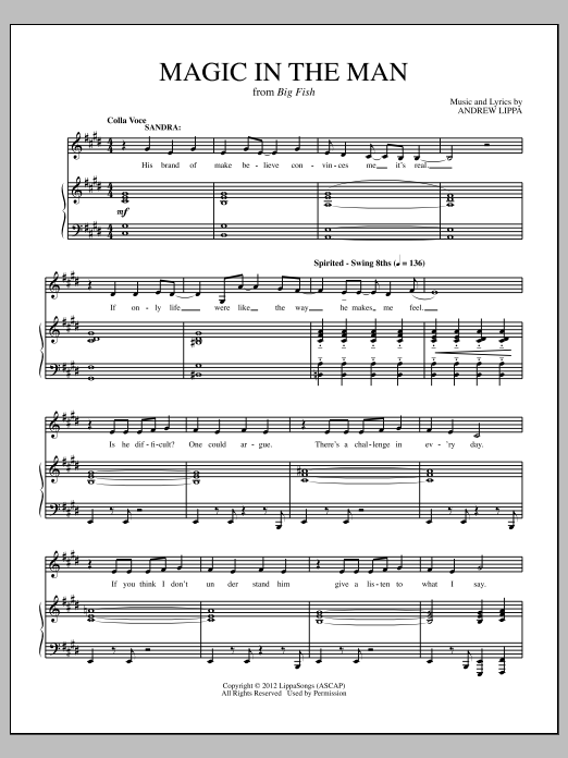 Learn to play Andrew Lippa Magic In The Man sheet music for Piano & Vocal in minutes. Price: 7.8900$ Andrew Lippa Magic In The Man sheet music notes and chords arranged for Piano & Vocal