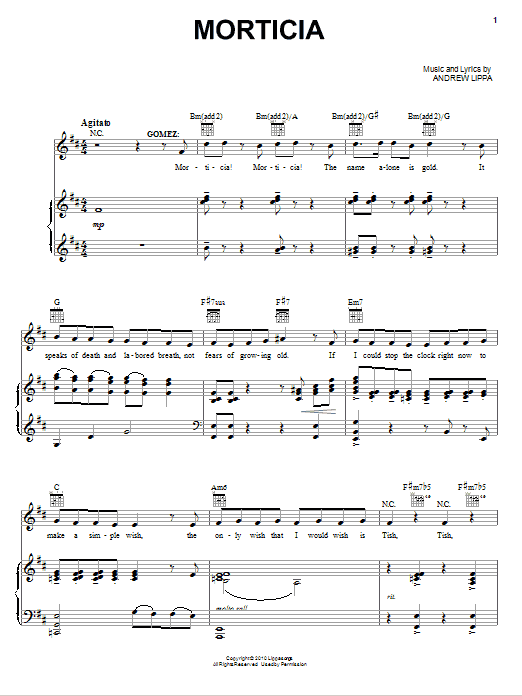 Learn to play Andrew Lippa Morticia sheet music for Piano, Vocal & Guitar Chords (Right-Hand Melody) in minutes. Price: 7.8900$ Andrew Lippa Morticia sheet music notes and chords arranged for Piano, Vocal & Guitar Chords (Right-Hand Melody)