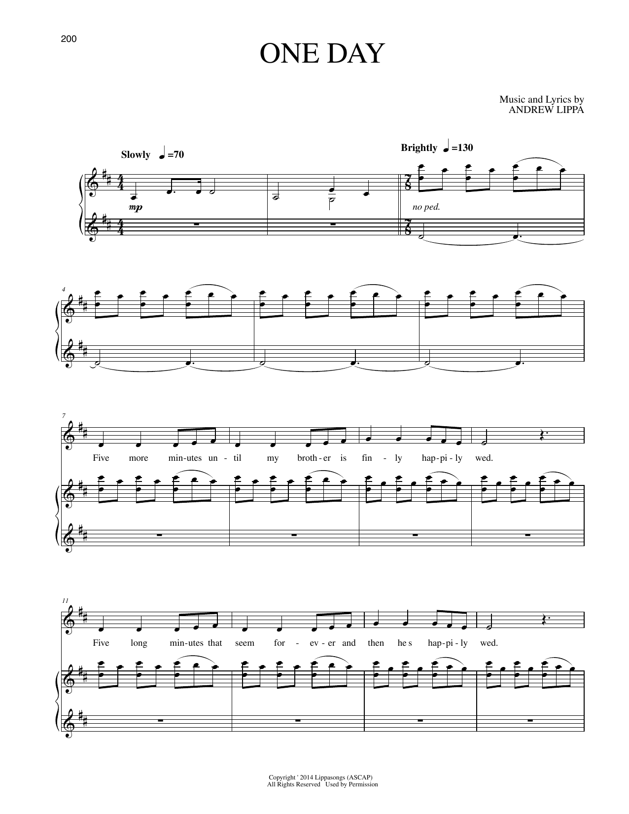 Learn to play Andrew Lippa One Day sheet music for Piano & Vocal in minutes. Price: 7.8900$ Andrew Lippa One Day sheet music notes and chords arranged for Piano & Vocal