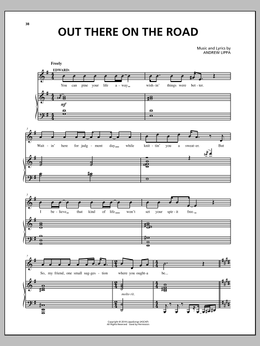 Learn to play Andrew Lippa Out There On The Road sheet music for Piano, Vocal & Guitar Chords (Right-Hand Melody) in minutes. Price: 7.8900$ Andrew Lippa Out There On The Road sheet music notes and chords arranged for Piano, Vocal & Guitar Chords (Right-Hand Melody)