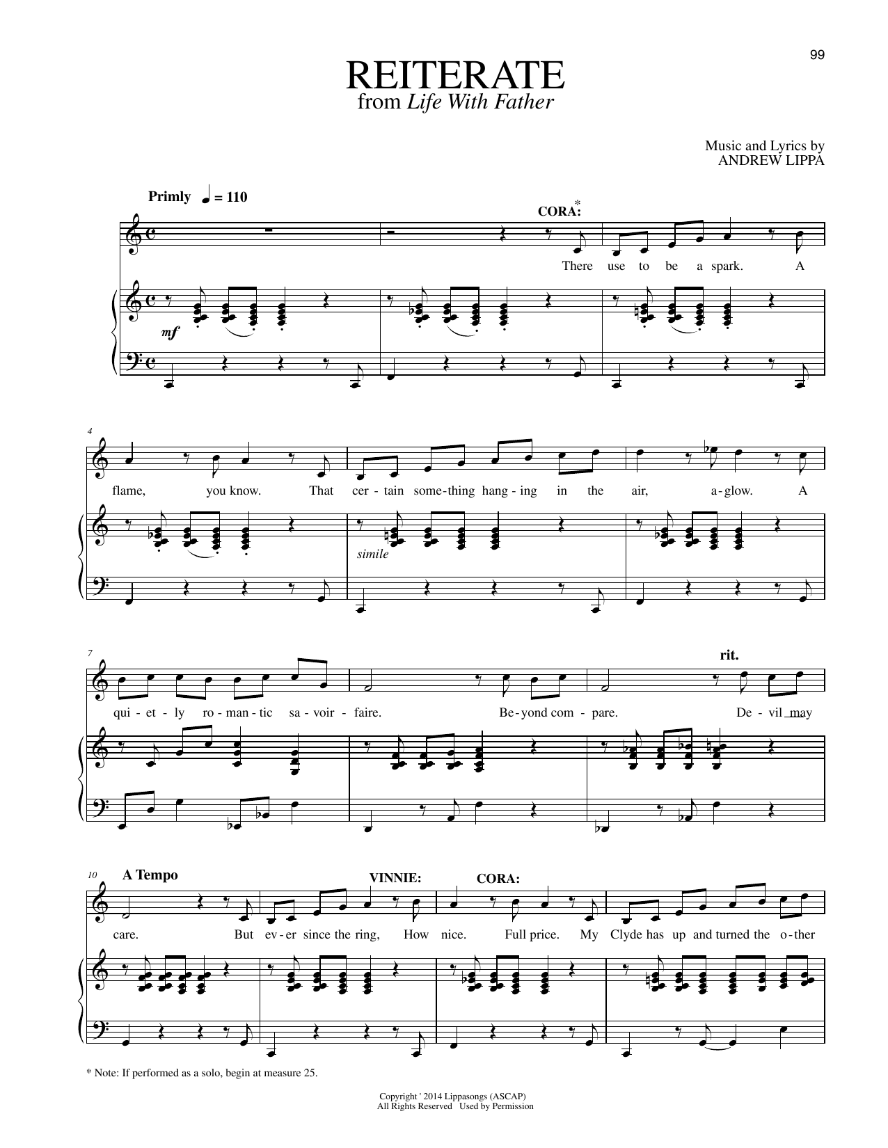 Learn to play Andrew Lippa Reiterate (from Life With Father) sheet music for Piano & Vocal in minutes. Price: 7.8900$ Andrew Lippa Reiterate (from Life With Father) sheet music notes and chords arranged for Piano & Vocal