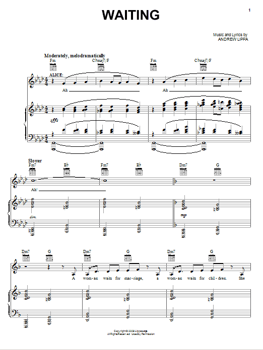 Learn to play Andrew Lippa Waiting sheet music for Piano, Vocal & Guitar Chords (Right-Hand Melody) in minutes. Price: 7.8900$ Andrew Lippa Waiting sheet music notes and chords arranged for Piano, Vocal & Guitar Chords (Right-Hand Melody)