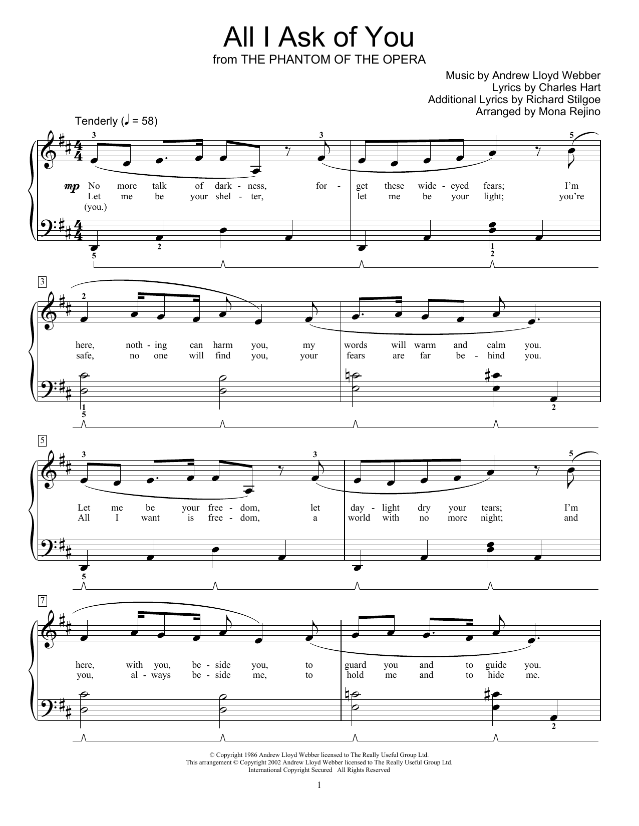 Andrew Lloyd Webber All I Ask Of You (from The Phantom Of The Opera) (arr. Mona Rejino) sheet music notes and chords. Download Printable PDF.