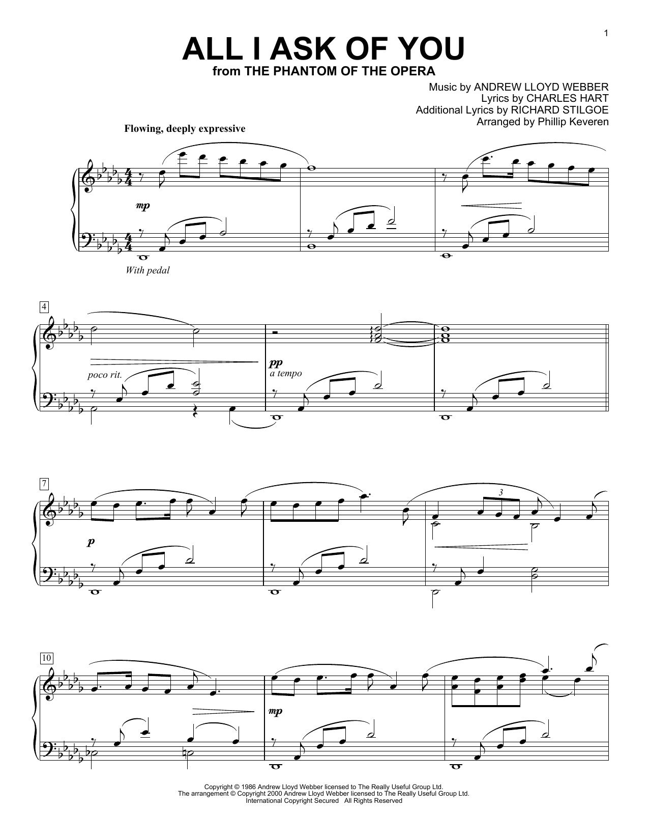 Learn to play Andrew Lloyd Webber All I Ask Of You (from The Phantom Of The Opera) (arr. Phillip Keveren) sheet music for Piano Solo in minutes. Price: 7.8900$ Andrew Lloyd Webber All I Ask Of You (from The Phantom Of The Opera) (arr. Phillip Keveren) sheet music notes and chords arranged for Piano Solo