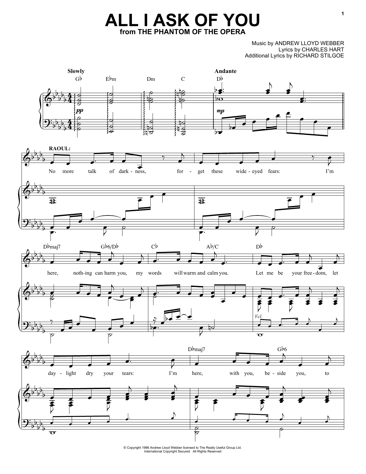 Andrew Lloyd Webber All I Ask Of You (from The Phantom Of The Opera) sheet music notes and chords. Download Printable PDF.