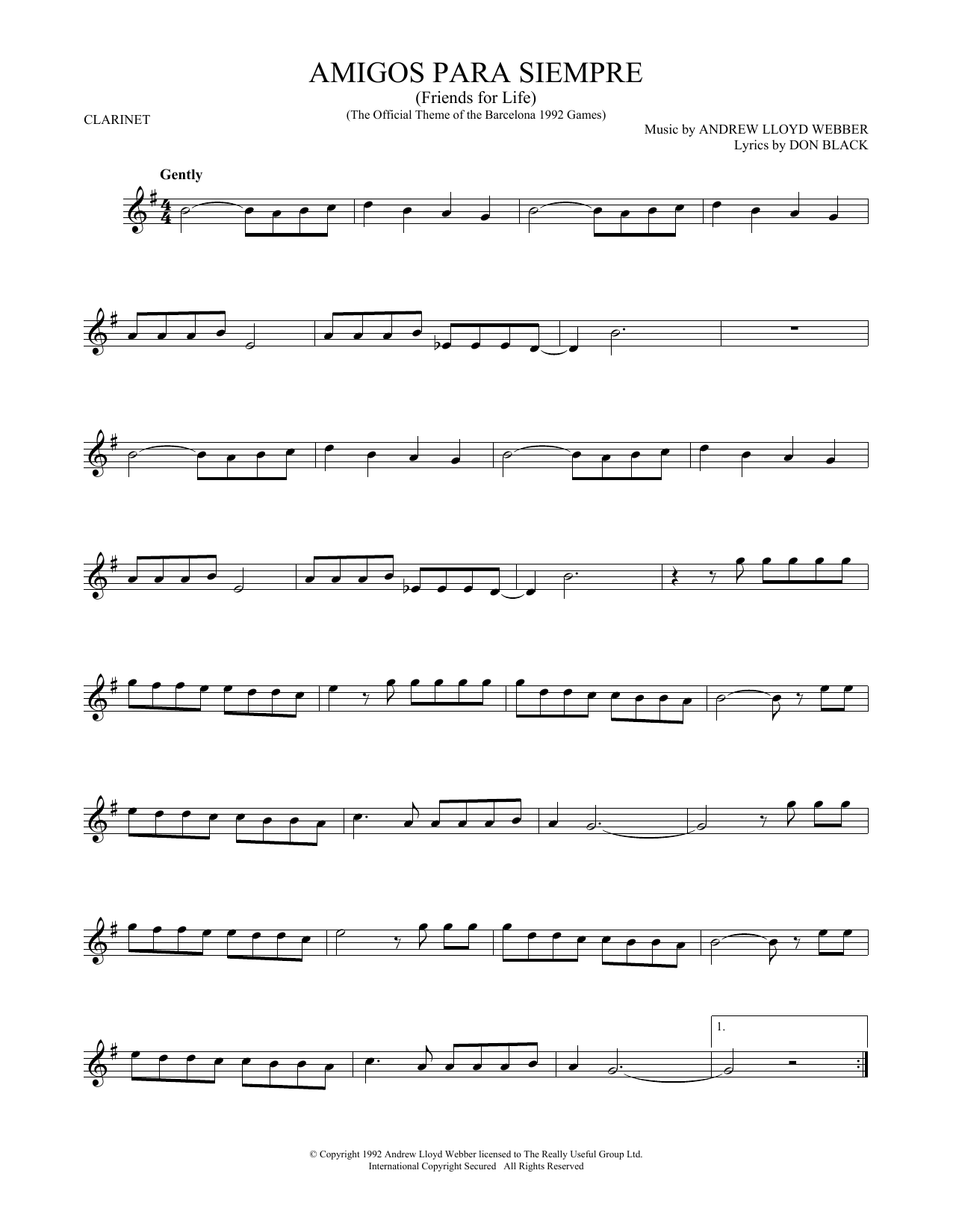 Andrew Lloyd Webber Amigos Para Siempre (Friends For Life) sheet music notes and chords. Download Printable PDF.