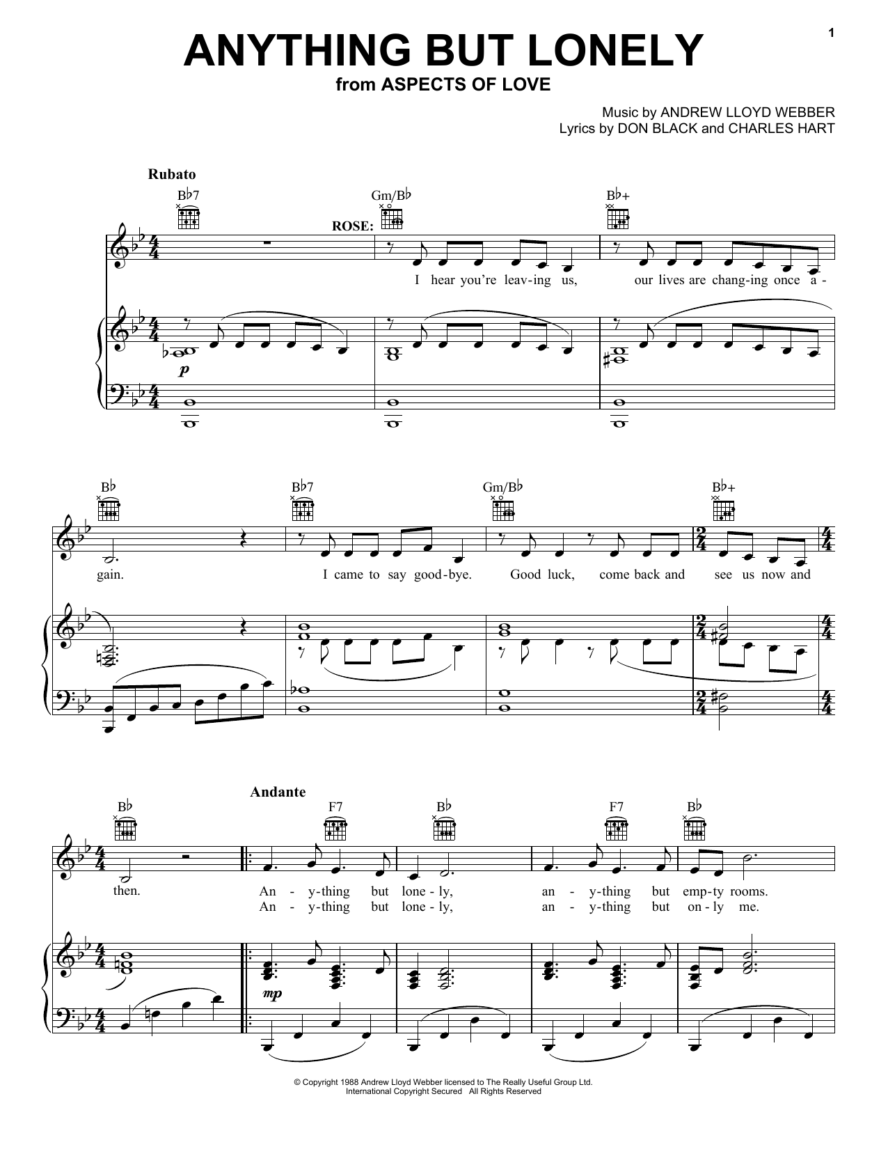 Learn to play Andrew Lloyd Webber Anything But Lonely sheet music for Piano, Vocal & Guitar Chords (Right-Hand Melody) in minutes. Price: 7.8900$ Andrew Lloyd Webber Anything But Lonely sheet music notes and chords arranged for Piano, Vocal & Guitar Chords (Right-Hand Melody)