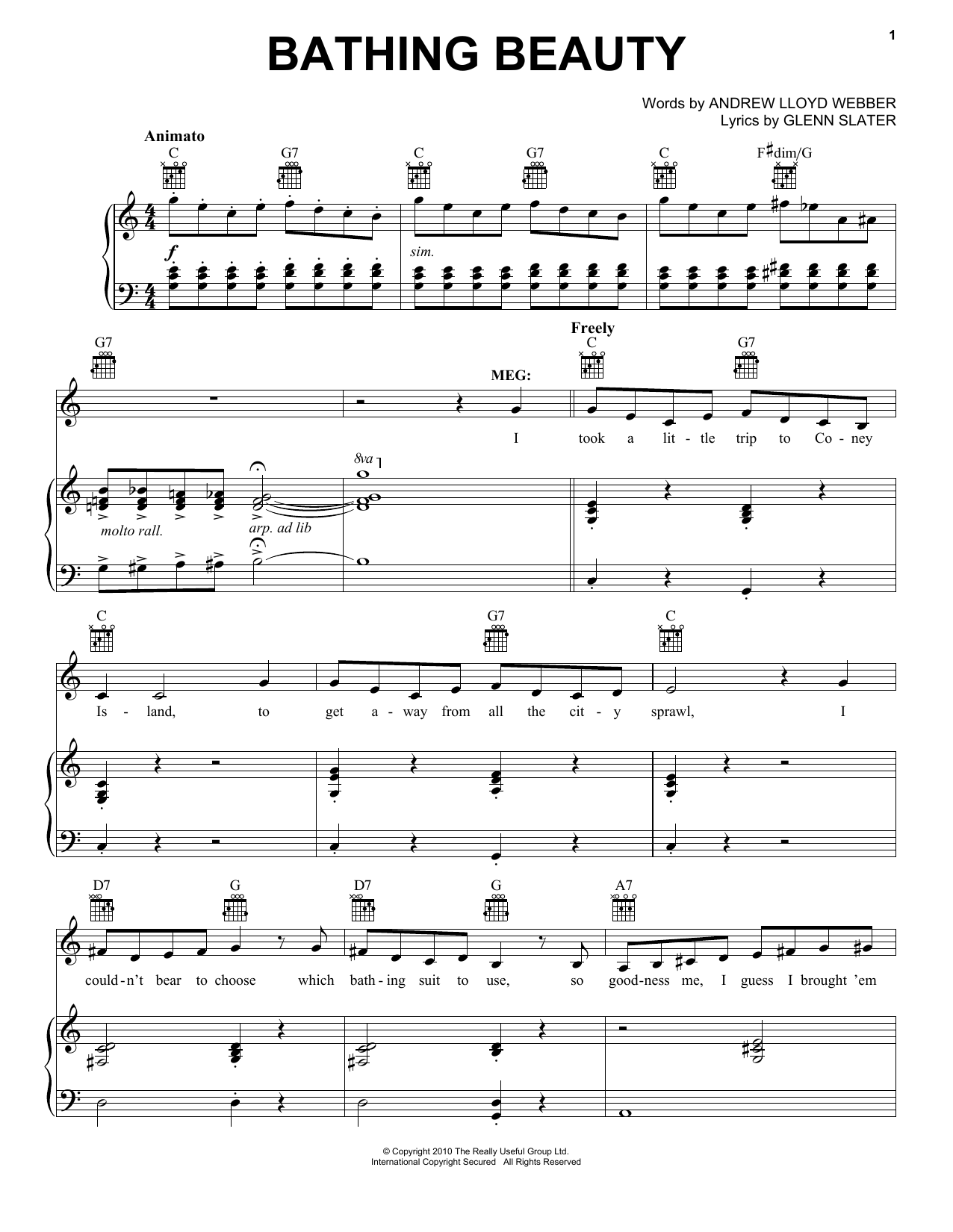 Learn to play Andrew Lloyd Webber Bathing Beauty (from 'Love Never Dies') sheet music for Piano, Vocal & Guitar Chords (Right-Hand Melody) in minutes. Price: 7.8900$ Andrew Lloyd Webber Bathing Beauty (from 'Love Never Dies') sheet music notes and chords arranged for Piano, Vocal & Guitar Chords (Right-Hand Melody)