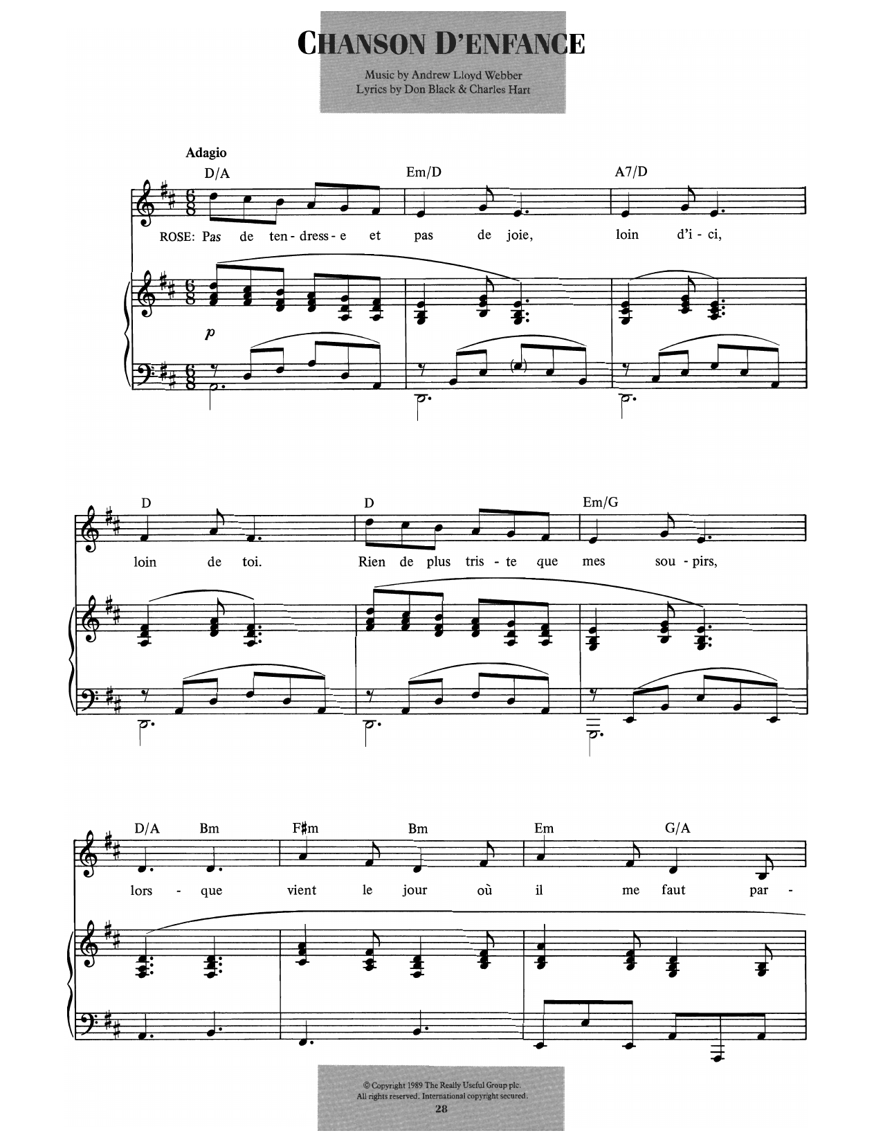 Andrew Lloyd Webber Chanson D'enfance (from Aspects Of Love) sheet music notes and chords. Download Printable PDF.