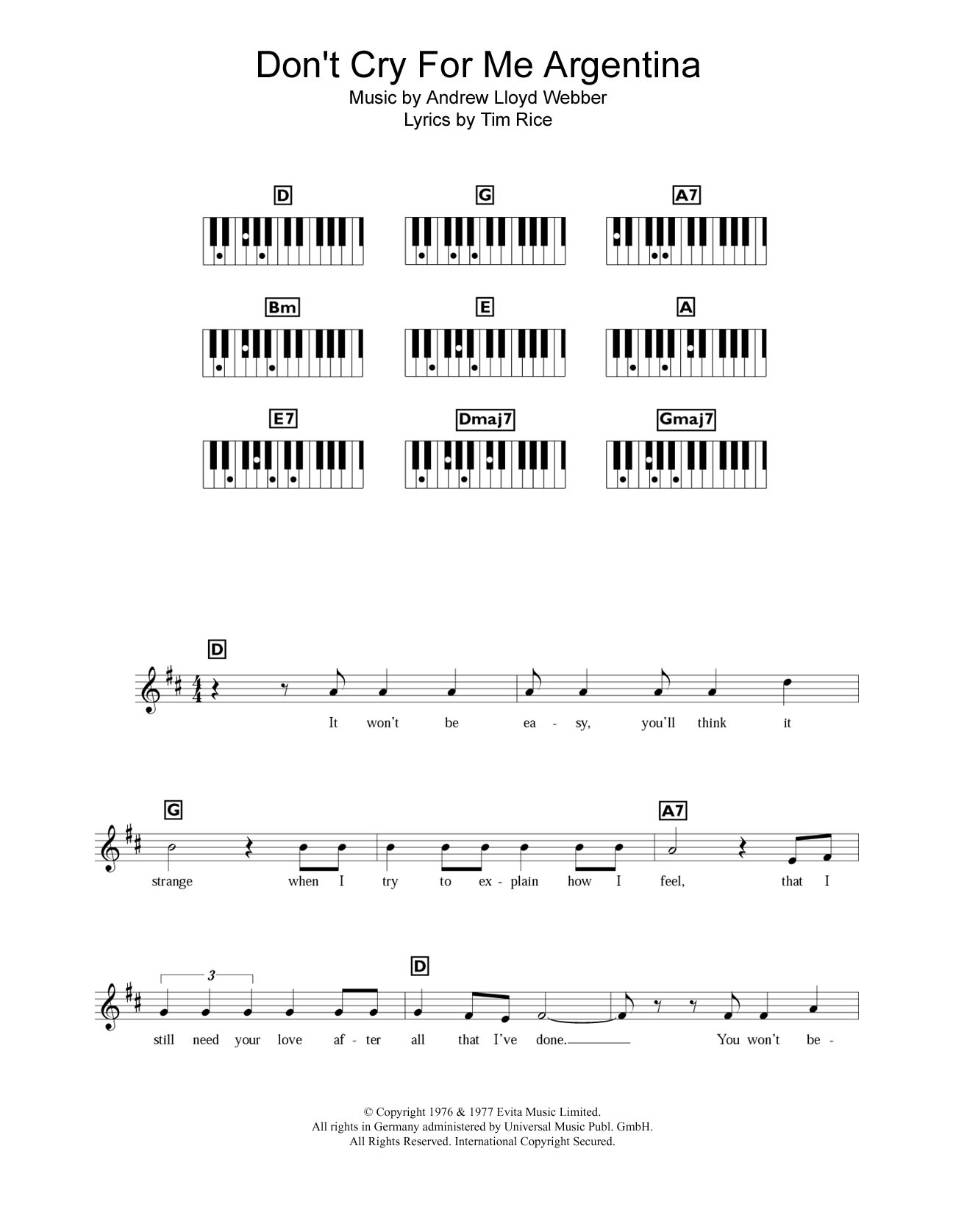 Andrew Lloyd Webber Don't Cry For Me Argentina (from Evita) sheet music notes and chords. Download Printable PDF.