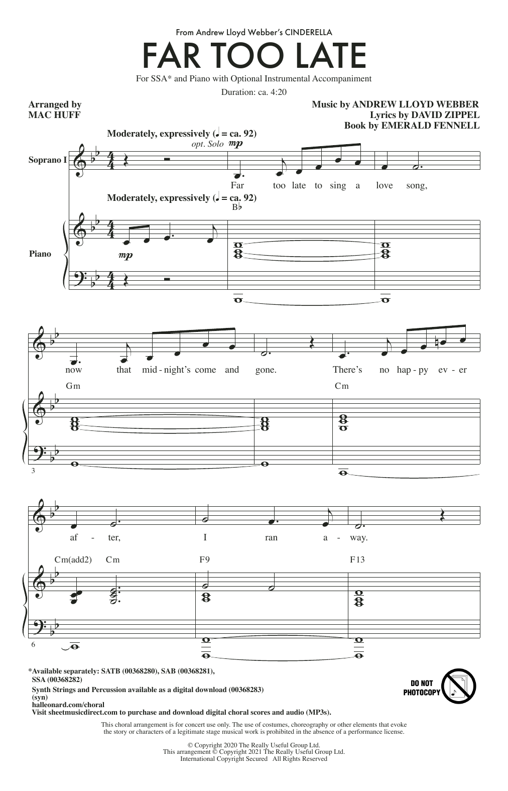 Andrew Lloyd Webber Far Too Late (from Cinderella) (arr. Mac Huff) sheet music notes and chords arranged for SAB Choir