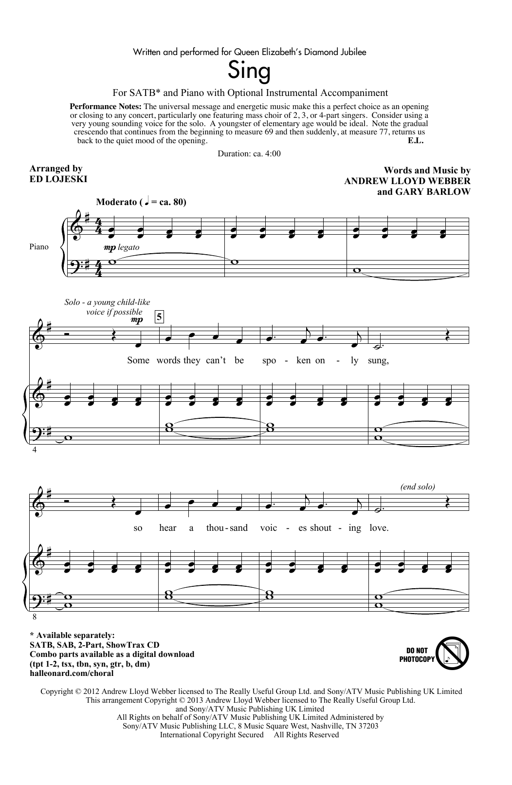 Andrew Lloyd Webber & Gary Barlow Sing (arr. Ed Lojeski) sheet music notes and chords. Download Printable PDF.