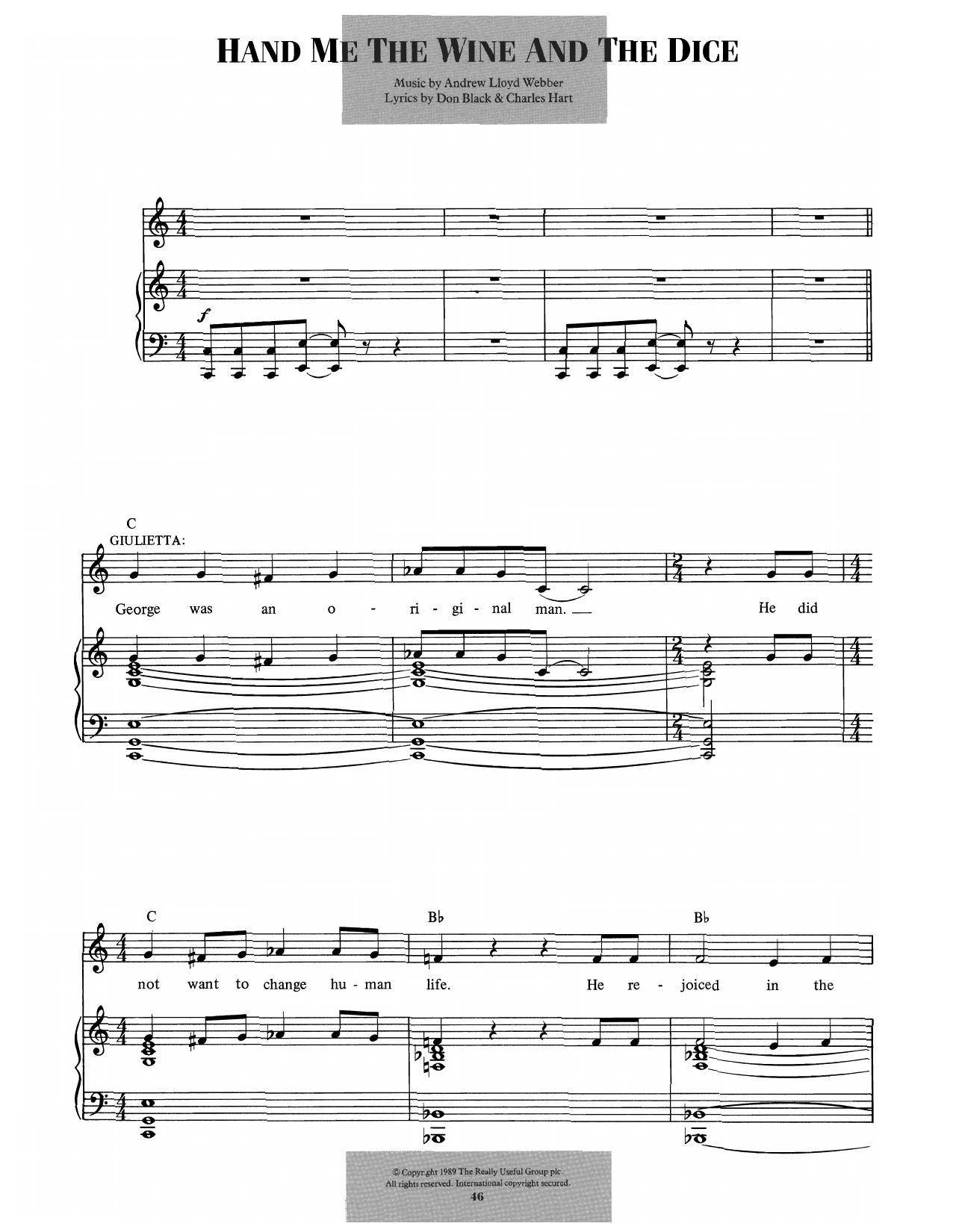 Andrew Lloyd Webber Hand Me The Wine And The Dice (from Aspects Of Love) sheet music notes and chords arranged for Piano & Vocal