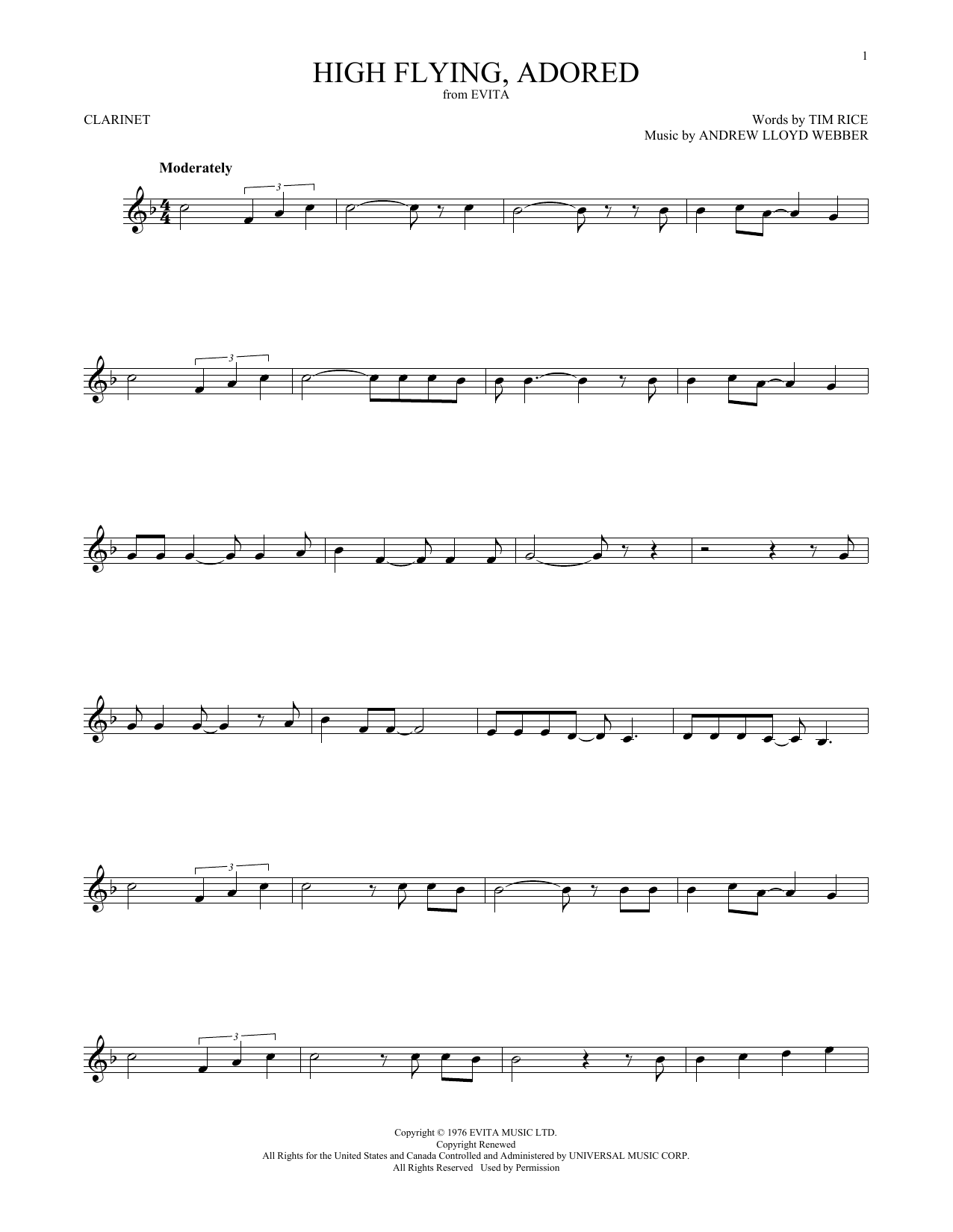 Andrew Lloyd Webber High Flying, Adored (from Evita) sheet music notes and chords. Download Printable PDF.