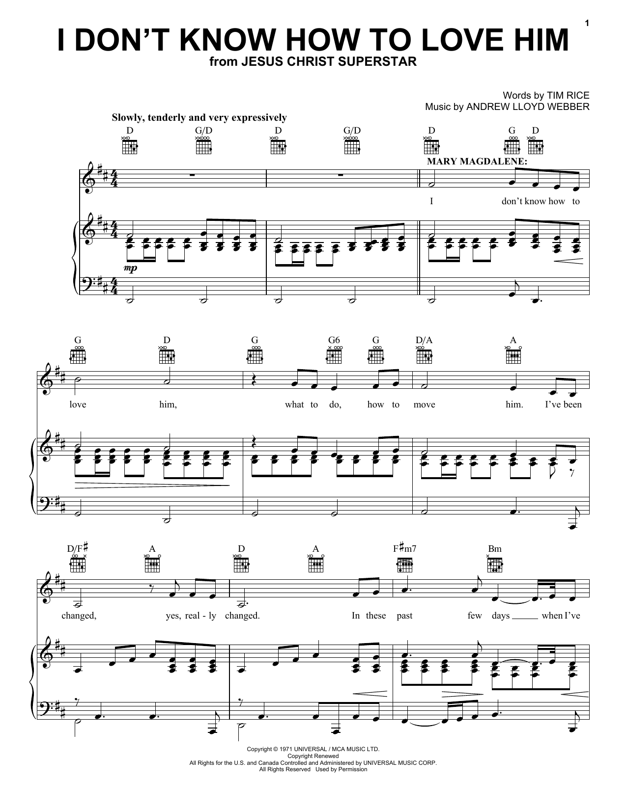 Andrew Lloyd Webber I Don't Know How To Love Him (from Jesus Christ Superstar) sheet music notes and chords. Download Printable PDF.