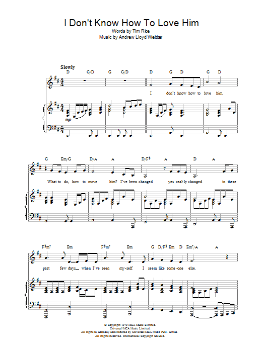 Andrew Lloyd Webber I Don't Know How To Love Him (from Jesus Christ Superstar) sheet music notes and chords arranged for Easy Piano