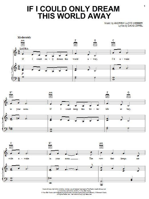 Learn to play Andrew Lloyd Webber If I Could Only Dream This World Away (from The Woman In White) sheet music for Piano, Vocal & Guitar Chords (Right-Hand Melody) in minutes. Price: 7.8900$ Andrew Lloyd Webber If I Could Only Dream This World Away (from The Woman In White) sheet music notes and chords arranged for Piano, Vocal & Guitar Chords (Right-Hand Melody)