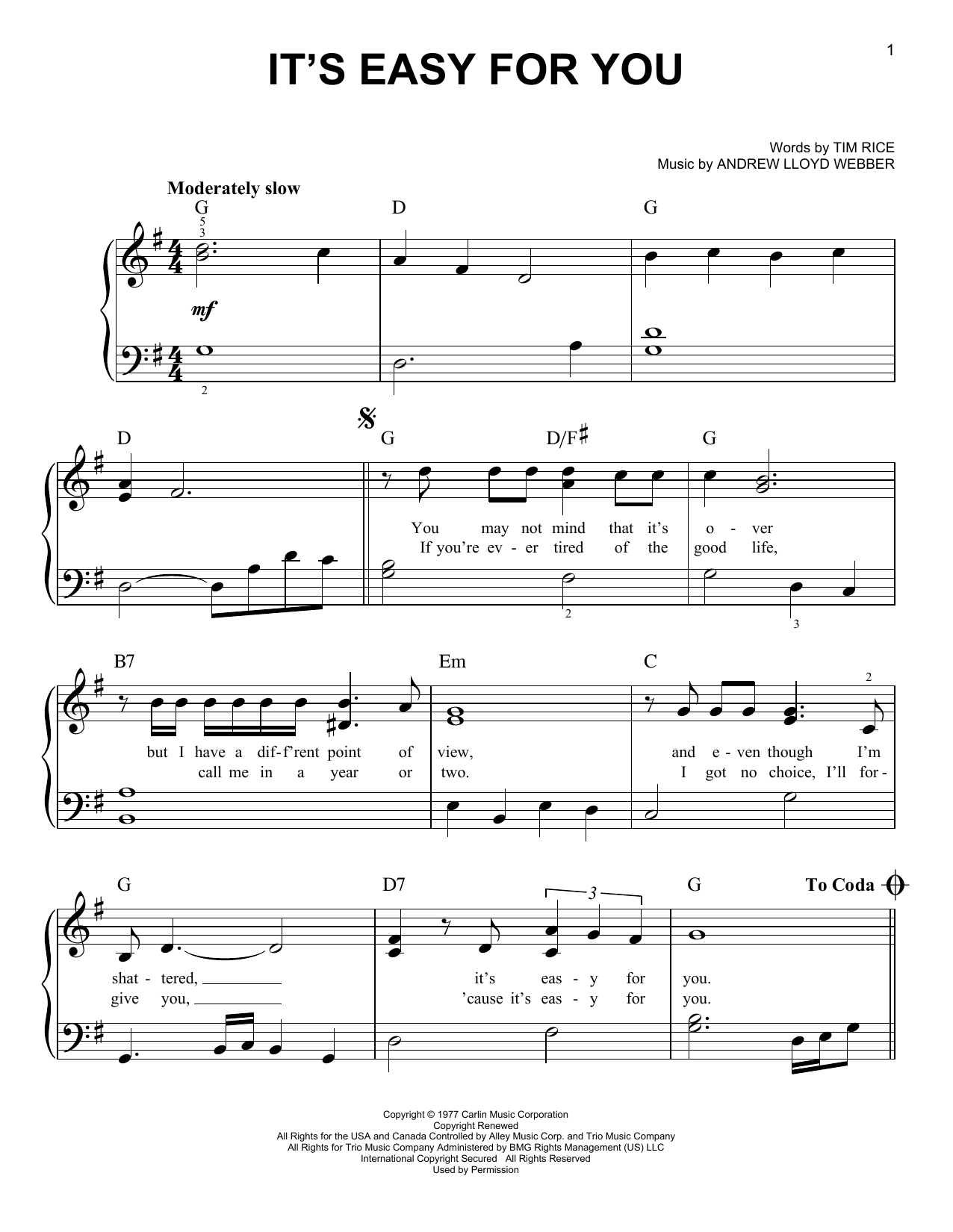 Andrew Lloyd Webber It's Easy For You sheet music notes and chords arranged for Easy Piano