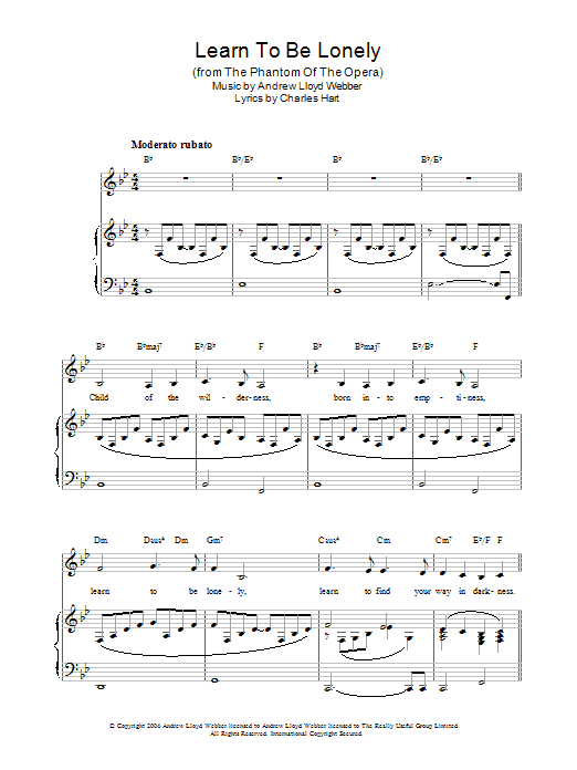 Andrew Lloyd Webber Learn To Be Lonely (from The Phantom Of The Opera) sheet music notes and chords. Download Printable PDF.