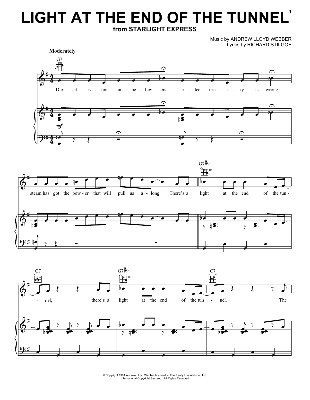 Andrew Lloyd Webber Light At The End Of The Tunnel (from Starlight Express) sheet music notes and chords. Download Printable PDF.