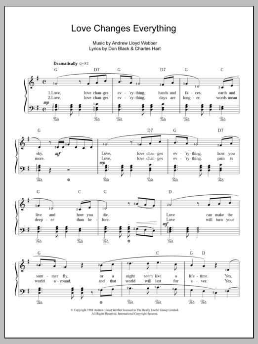 Andrew Lloyd Webber Love Changes Everything (from Aspects Of Love) sheet music notes and chords. Download Printable PDF.